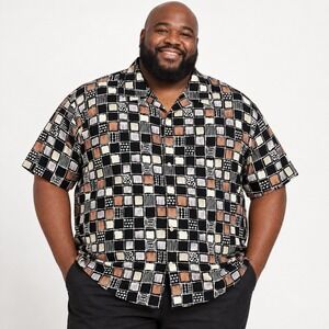 Statements Men's 4XT Big Tall Linen Rayon Retro Geometric 90s Vibe Camp Shirt